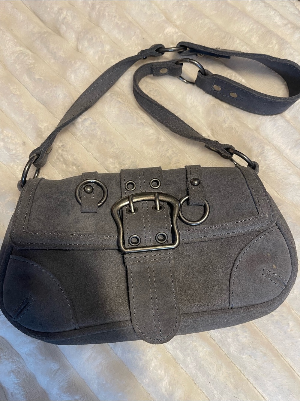 Urban Outfitters Gray Suede Buckle Shoulder Bag